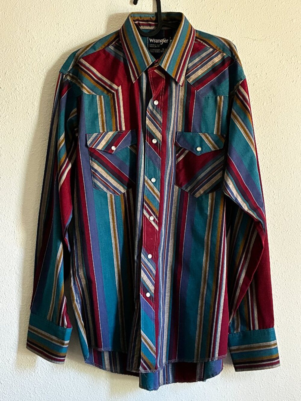 Vintage 90s Wrangler Multicolor Burgundy Striped Western Pearl Snap Shirt